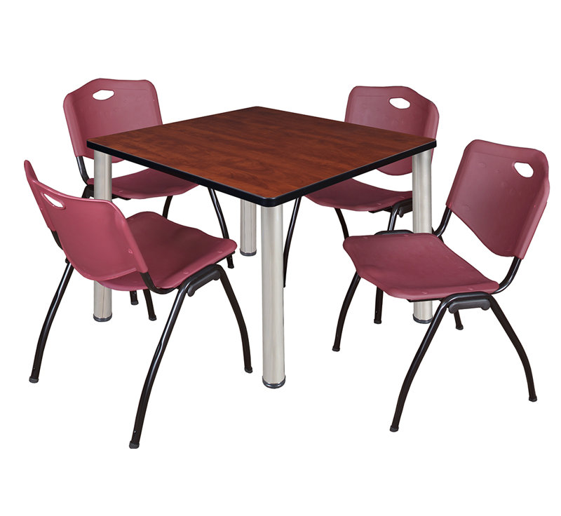 Plateau de table Kee Square, 4 chaises empilables, H 36 po x l 29 po x P 29 po, Cerisier, Chrome