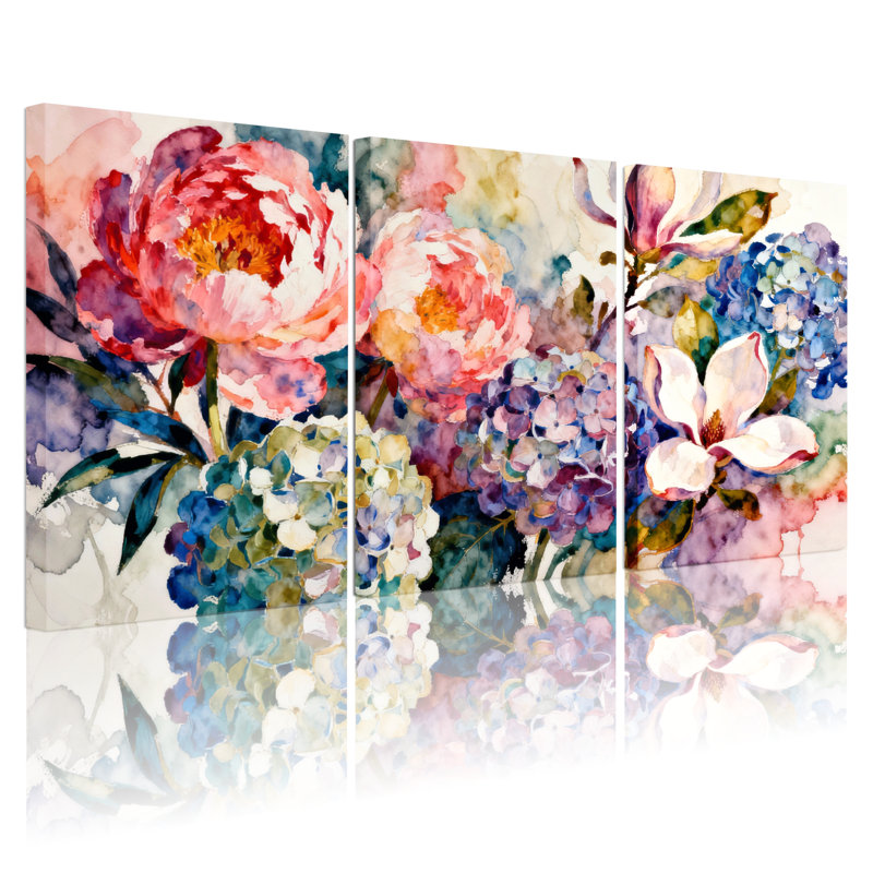Plants & Flowers Floral Watercolor Peonies Hydrangeas Magnolias Artistic Painting Canvas Print Set of 3 Canvas Wall Art Prints