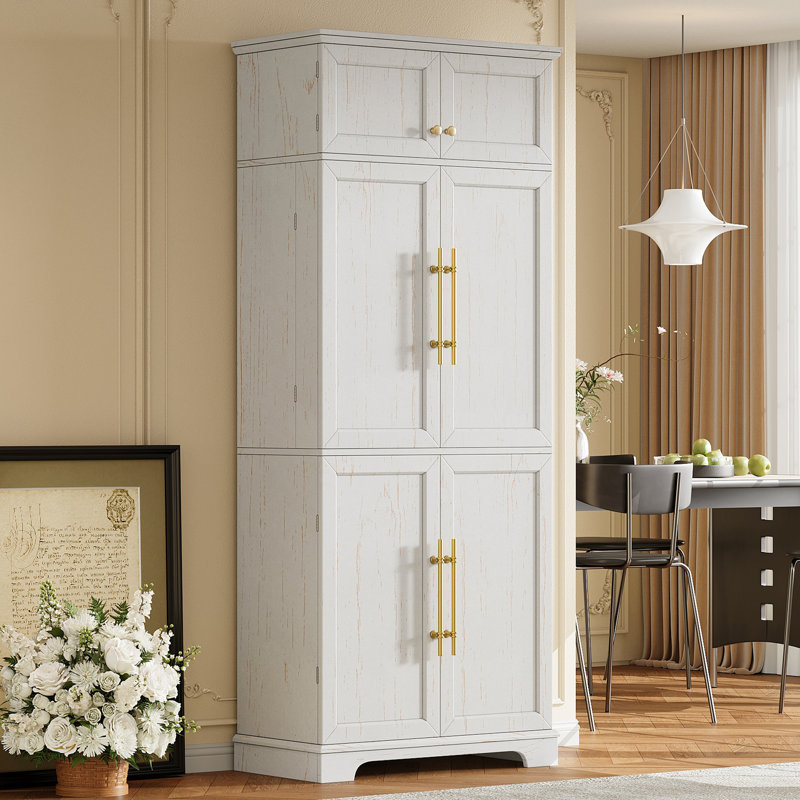 Grand garde-manger de cuisine moderne avec 8 portes, rangement réglable, tiroir caché, porte-bouteilles et armoire polyvalente, blanc