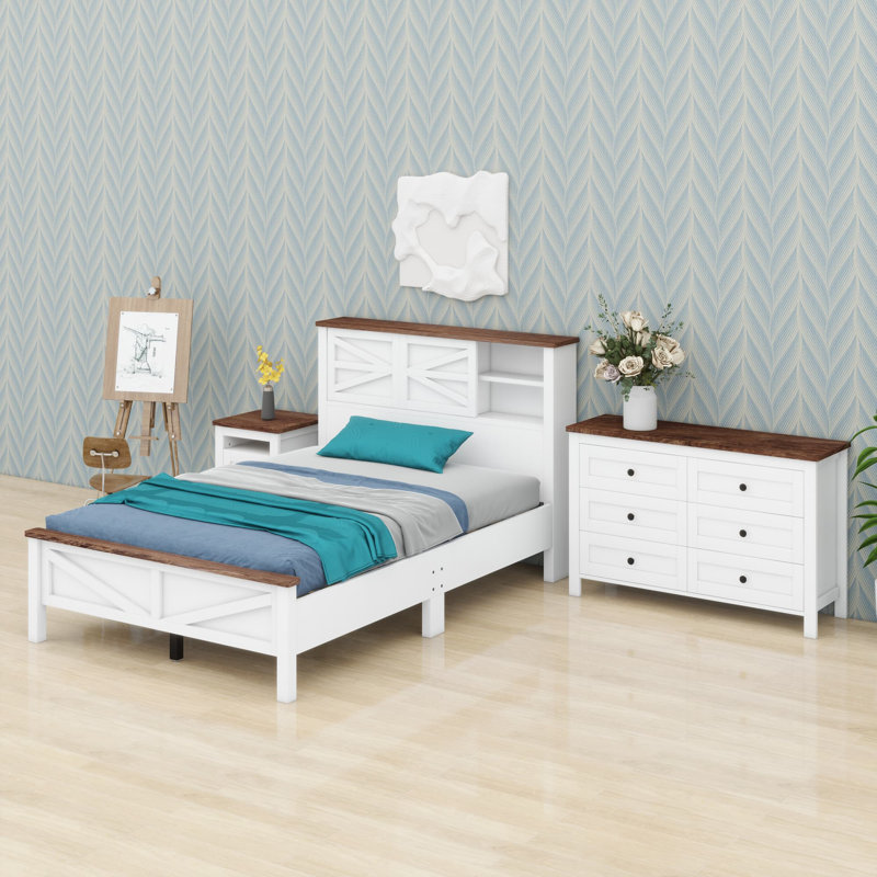 Ensemble de lit plateforme 3 pièces avec tête de lit double à porte coulissante, station de charge, table de chevet et commode