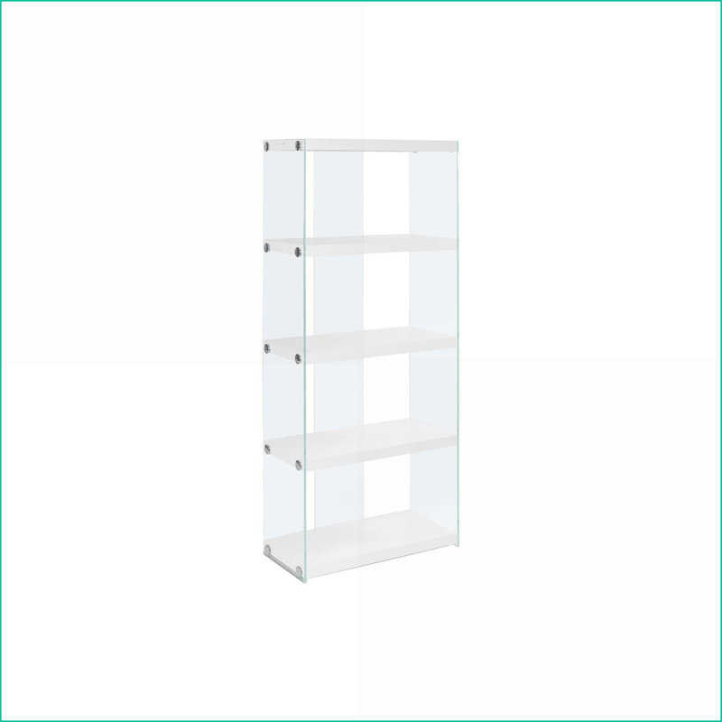 Bibliothèque contemporaine à 5 niveaux | Stratifié blanc neige brillant | Verre trempé transparent | 24 x 12 x 58,75 | Blanc | Panneau de fibres à densité moyenne