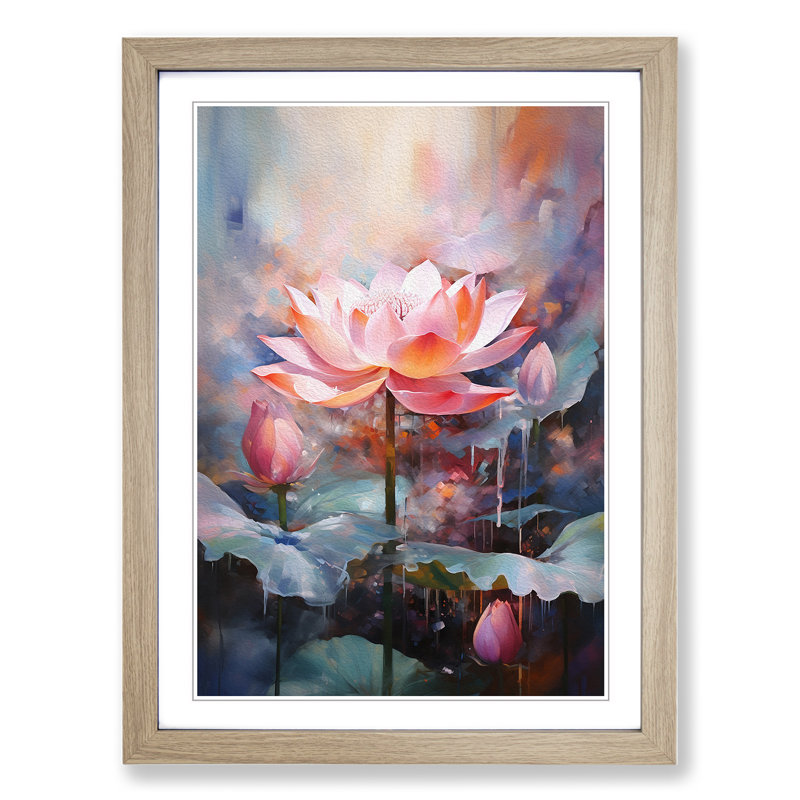 Lotus Flower Action No.2 - Single Picture Frame Print on Wood, 34cm H x 25cm W x 2cm D, Oak