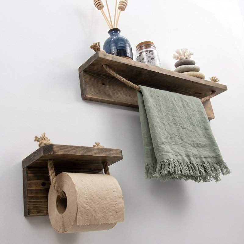 Aveline 2-Piece Handmade Solid Spruce Wood Floating Wall Shelf & Toilet Paper Holder Set