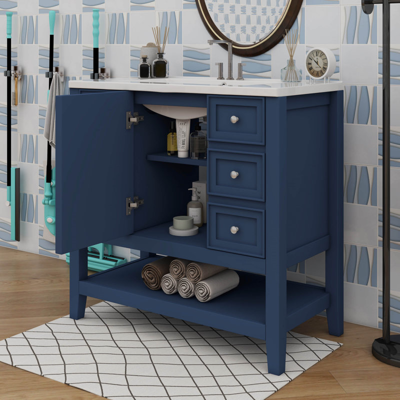 Base de meuble-lavabo 36 po sans lavabo avec une armoire et trois tiroirs, Bleu