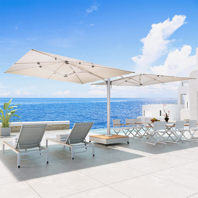 Menades 10' Square Cantilever Acrylic Double-Sided Commercial Umbrella with Base, Beige