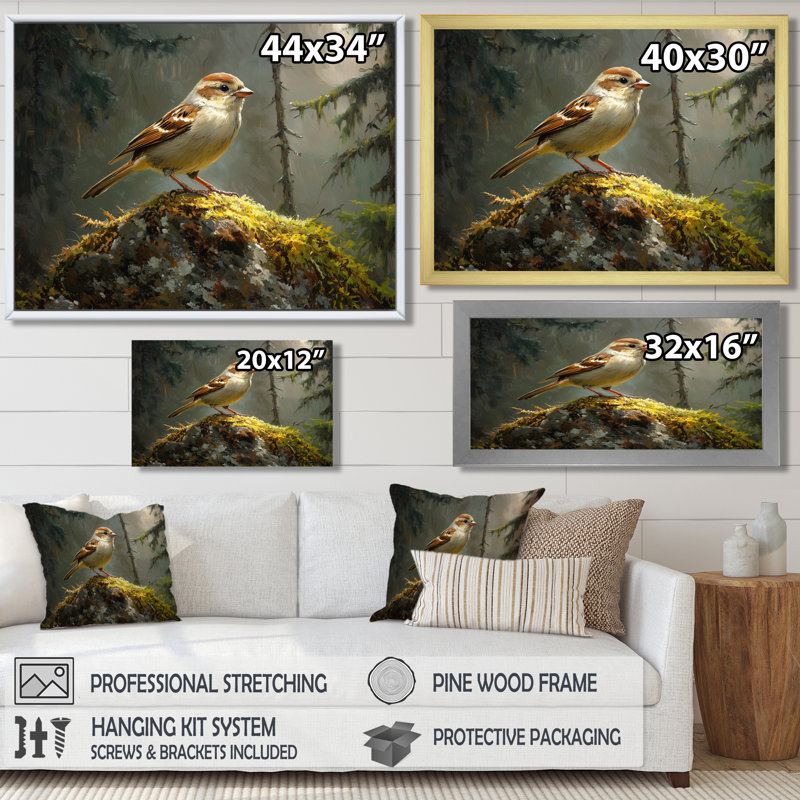 Oiseau moineau sur un rocher de la forêt I - oiseau, art mural, H 16 po x l 32 po, Cadre flottant, Noir