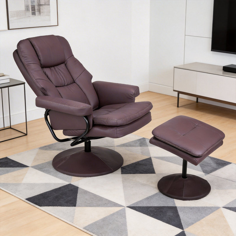 Swivel Recliner Chair With Ottoman, Manual Reclining Armchair, Ergonomic Footrest, Upholstered Scratch Resistant Leather, Brown