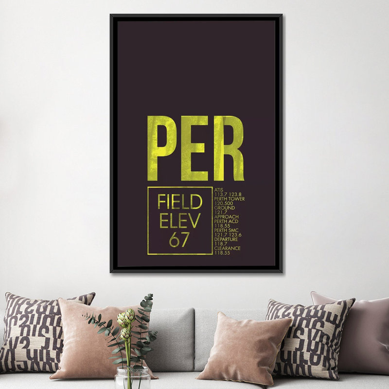 « perth », art textuel sur toile air control series, H 26 po x l 18 po x P 1,5 po, Toile encadrée noire, Pas de tapis