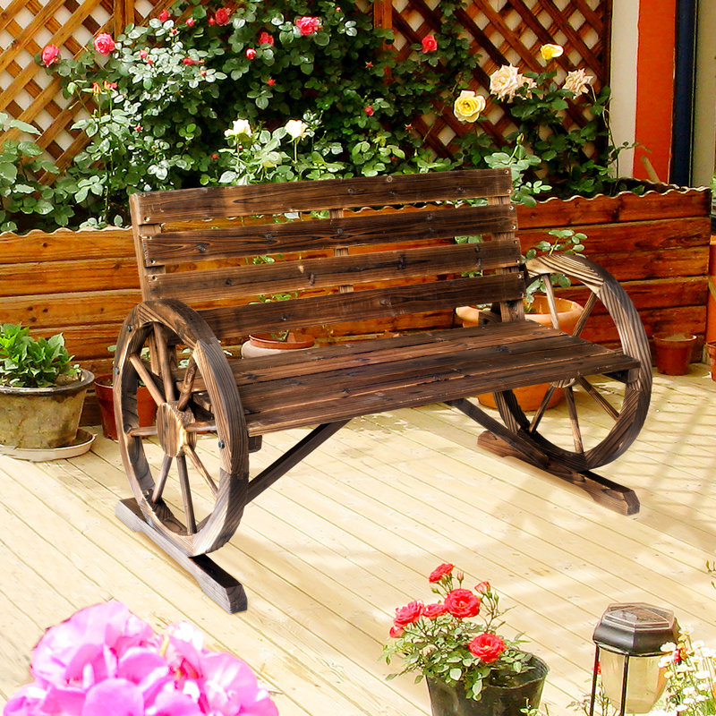 Rustic 41" Wagon Wheel Bench For Porches, , 2 Seat, Solid Fir Wood, Construction Outdoor - Wooden With , , Seat And Wood Construction, Brown