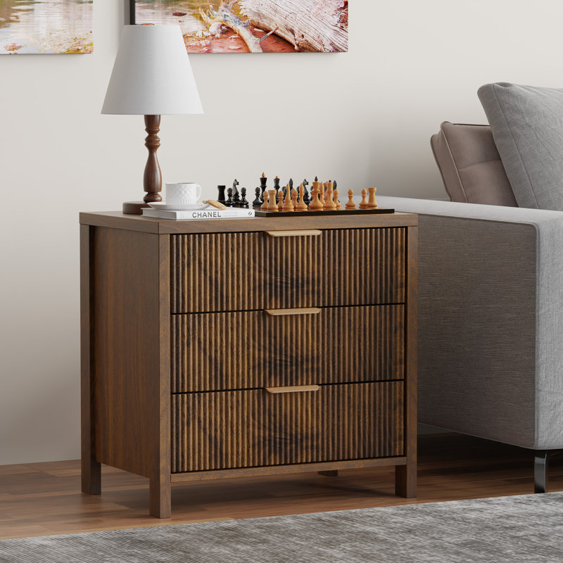Modern Fluted Bedside Table with 3 Drawers, Walnut