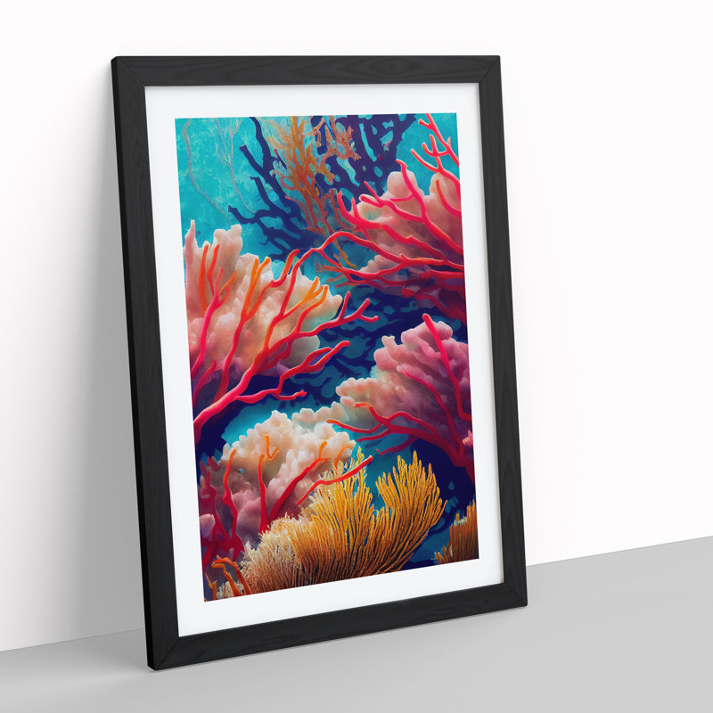 Colourful Coral Reef No.1 - Wall Art, 36cm H x 27cm W x 2cm D, Black Framed, White