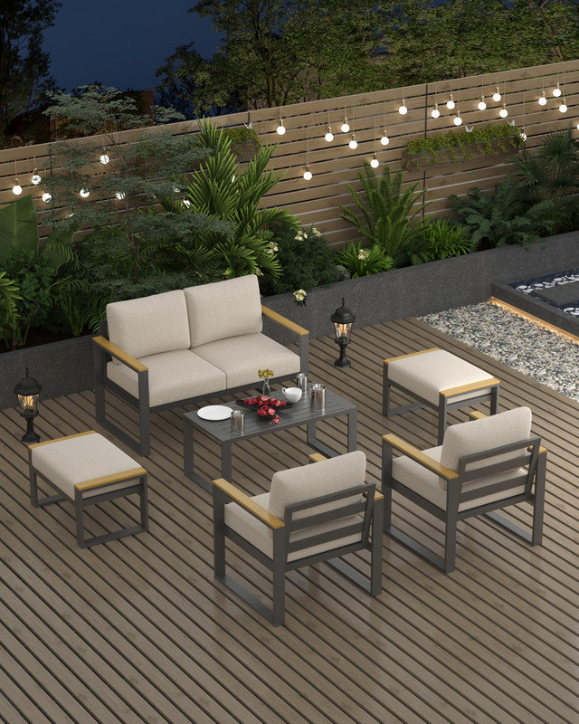Causeuse en aluminium avec table basse, beige - Ensemble d'extérieur résistant aux intempéries pour patio, balcon ou terrasse