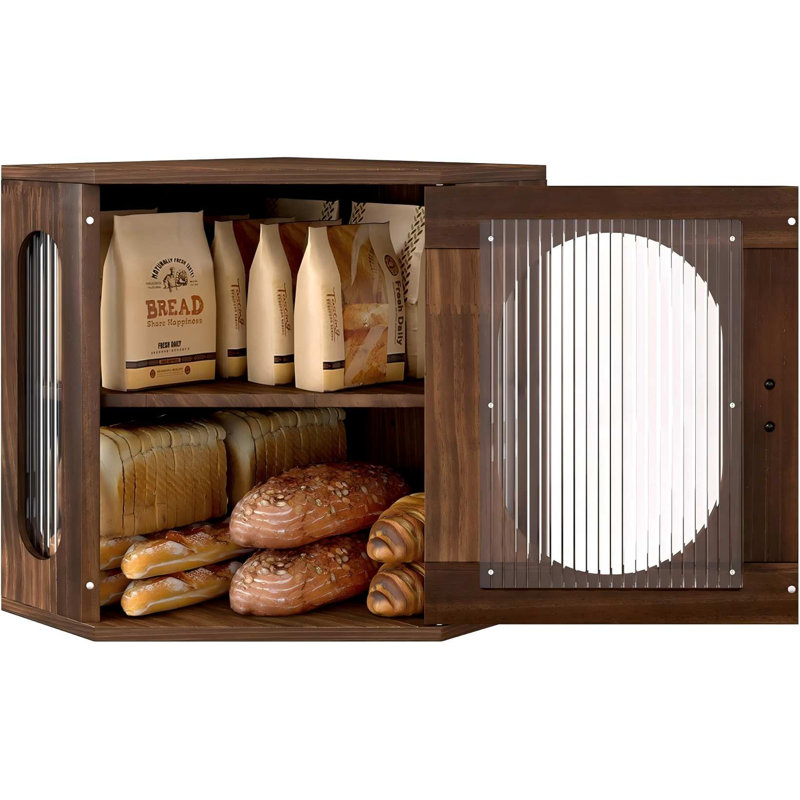 Boîte à pain de coin, double couche réglable en bois massif de grande capacité, organisateur de comptoir de cuisine rétro Farmhouse avec fenêtre en acrylique, brun rétro