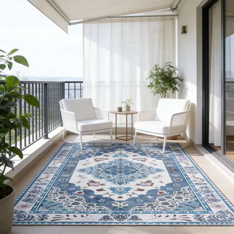 Living Room Rug 8x10 ft Blue and Grey Area Rug Machine Washable Rug, Non Slip Vintage Rug Stain Resistant Indoor Large Carpet for Bedroom, Boho Rug, Distressed Retro Floor Rug for Classroom, Dorm, Dining Room