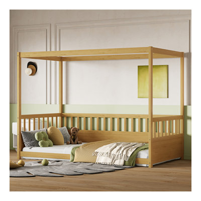 Cadre de lit à baldaquin simple avec garde-corps pour enfants, lit de sol simple à baldaquin, lit de plancher pour enfants Montessori, cadre de lit à baldaquin en bois pour filles, garçons (simple, naturel)
