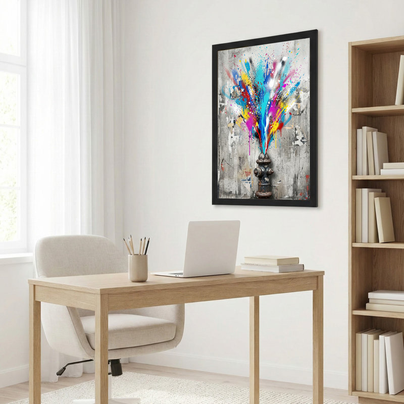 Toile noire encadrée en bois noir pour le salon, la chambre à coucher, le bureau ou le vestibule - décoration murale décorative avec éclaboussures colorées