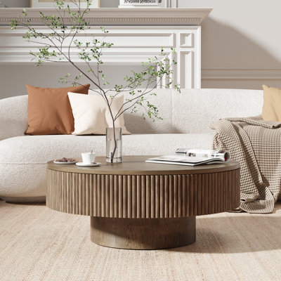 Chibuzor Pedestal Round Coffee Table, Handcrafted Solid Wood Fluted Design