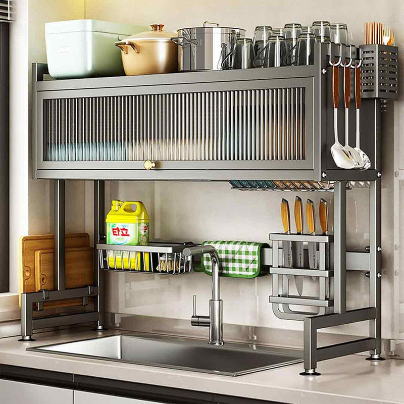 3-Tier Black Wood Over Sink Dish Rack with Utensil Cup