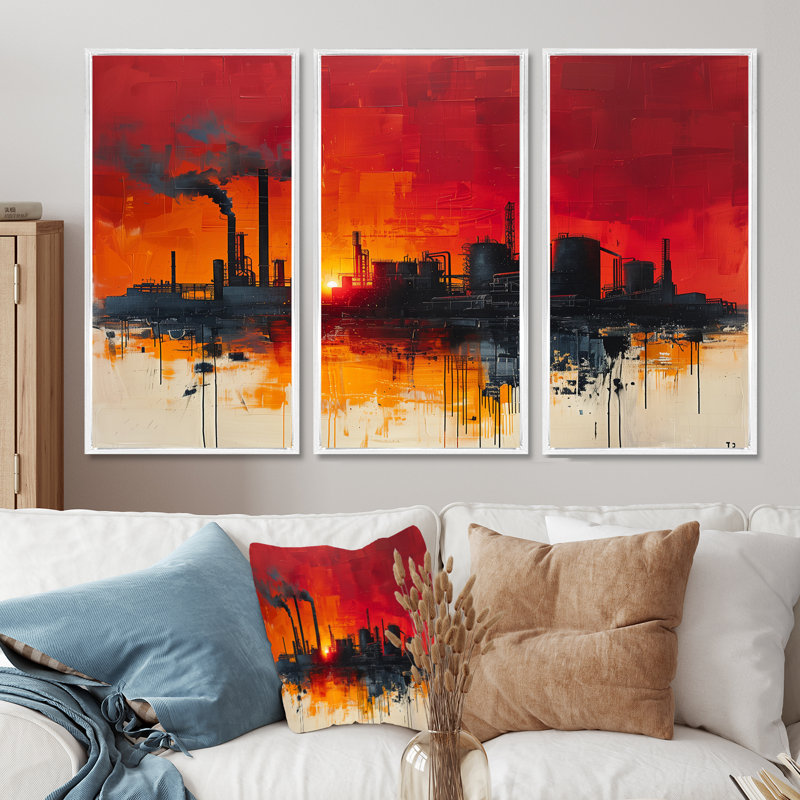 Jaune, rouge, production, Power Factories I - ensemble d'art mural usines, Toile encadrée flottée blanche