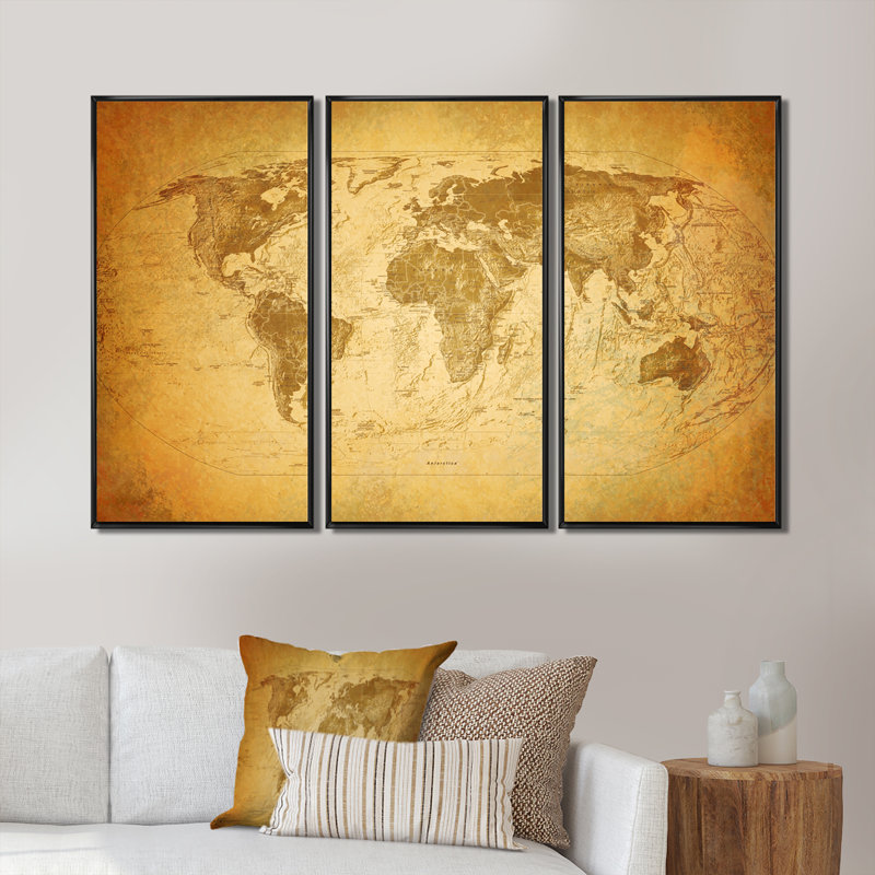 Carte rétro vintage - ensemble de 3 reproductions d'art sur toile encadrées, Cadre noir, H 28 po x l 36 po x P 1 po