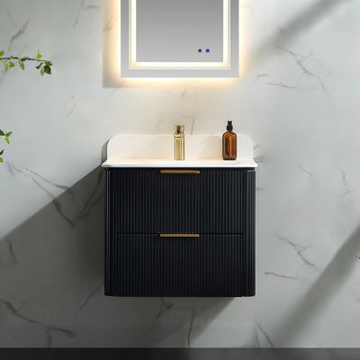 Meuble-lavabo flottant cannelé 30 po, coins arrondis, lavabo intégré en acrylique, pré-assemblé, noir