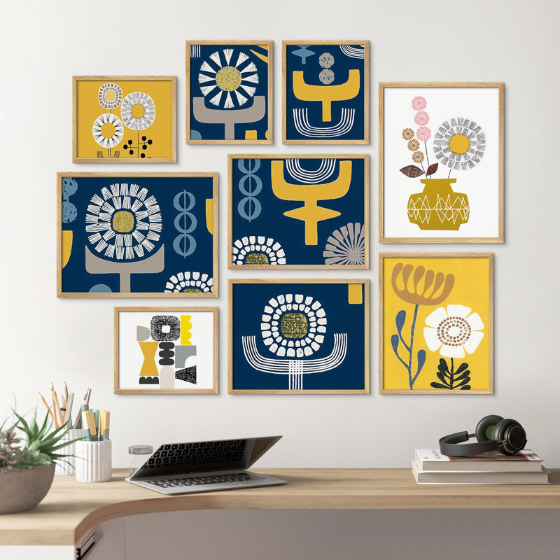 Motif floral géométrique coloré avec motifs floraux jaune et bleu, Naturel