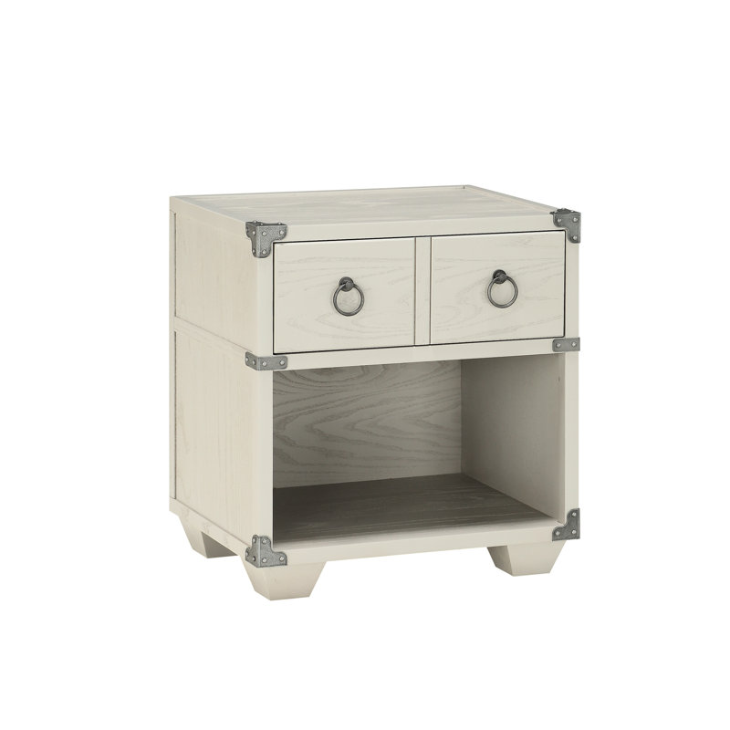 Table de chevet grise de style industriel avec structure et pieds supportant un tiroir en bois