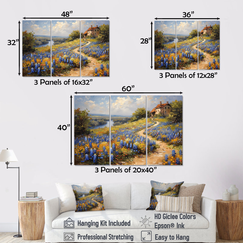 Ensemble de salon art mural bleu et vert Meadow Charm Blue Bonnets VII, H 40 po x l 60 po, Toile tendue