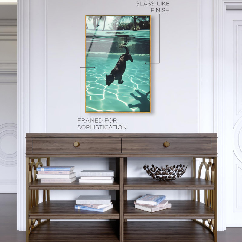 Oliver Gal Panther Swim Animals - Framed Acrylic Glass Wall Art, 24" H x 16" W, Gold