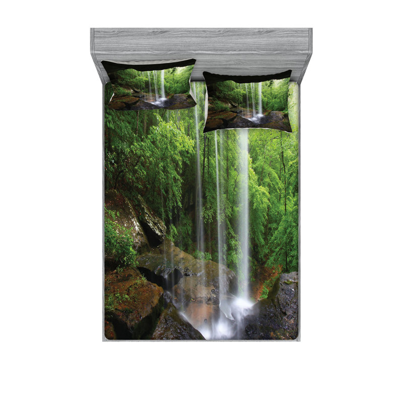 Drap-housse et coussin décoratif Ambesonne Waterfall Green Brown, Ensemble de draps pour grand lit + 5 pièces suppl