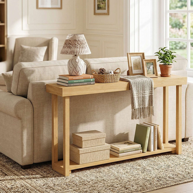 46" Solid Wood 2-Tier Narrow Farmhouse Sofa Console Table, Scratch-Resistant Waterproof Tabletop & Open Storage Shelf, Anti-Tip Design Suitable For Entryway