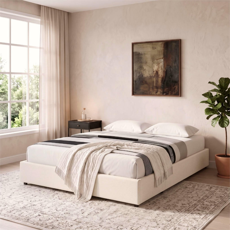 Structure de lit plateforme grand avec 3 tiroirs de rangement, gris foncé | Tissu rembourré sans tête de lit, support en lattes de bois, sans sommier, sans bruit, assemblage facile