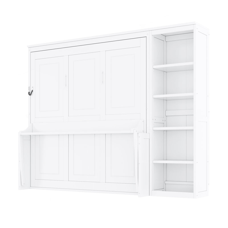 Grand lit escamotable avec bureau et bibliothèque, Blanc, Grand lit