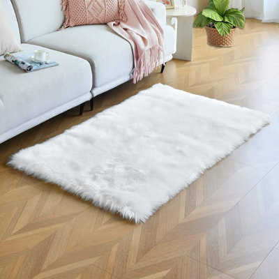 Tapis en fausse fourrure en peau de mouton, tapis crème à poils longs blancs pour tapis de chambre à coucher