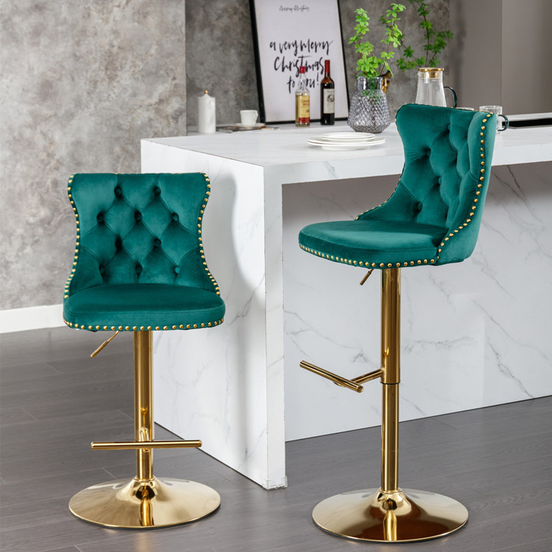 Swivel Velvet Barstools with Adjusatble Seat Height, Green, Gold