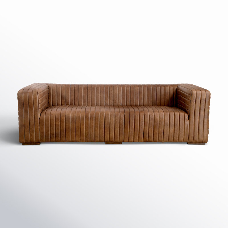 Castle 95" Genuine Leather Square Arm Chesterfield Sofa, Cappuccino Genuine Leather