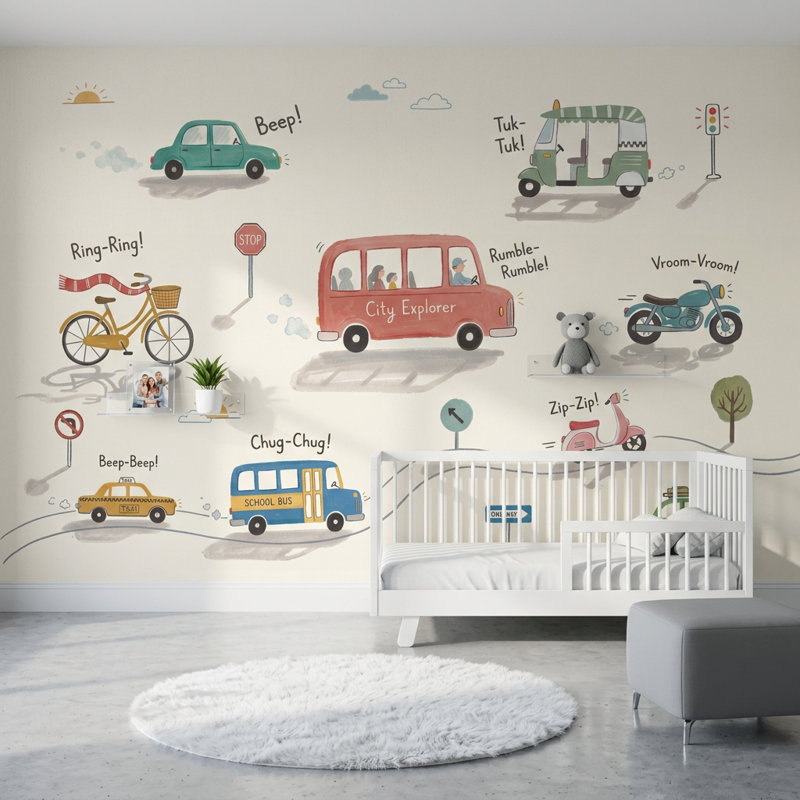 Illustration de transport, véhicules, véhicules, enfants, illustration murale, 100 po x 96 po, Peler et coller