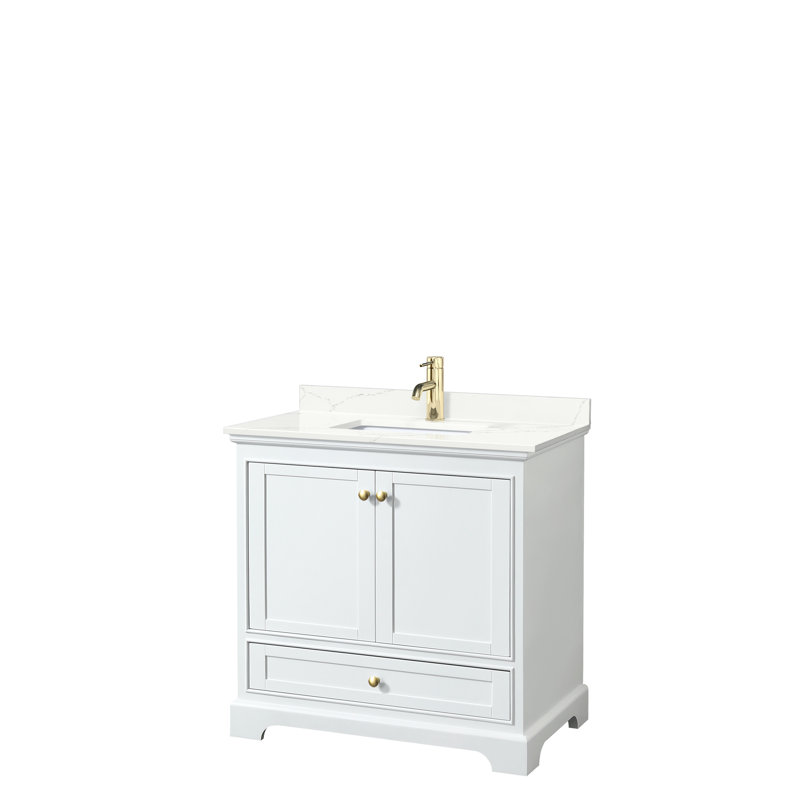 Ensemble de meuble-lavabo simple autoportant 36 po avec plateau en quartz Deborah, Quartz Giotto, Blanc, Or brossé