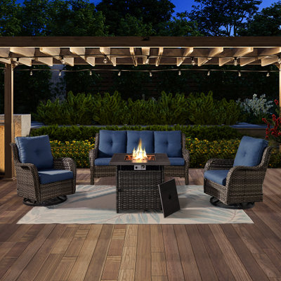 Schutt Outdoor 5 Person Rattan Sofa Seating Group with Patio Rocking & Swivel Chairs, Fire Pit and Cushions
