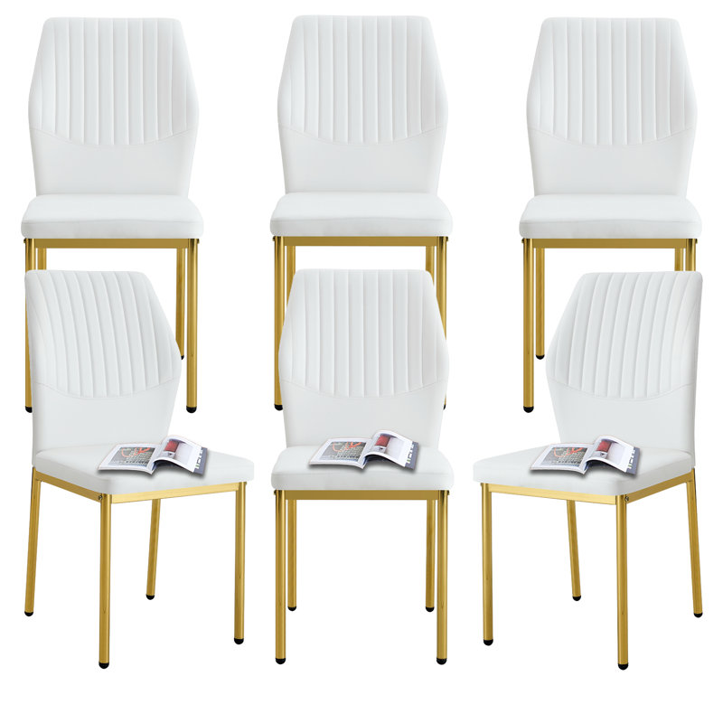 Ensemble de 6 chaises de salle à manger rembourrées en polyuréthane à dossier vertical, Blanc, Doré