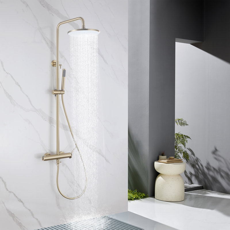 Système de douche mural moderne 10 po avec douche à hauteur réglable et pomme de douche rotative, Or brossé