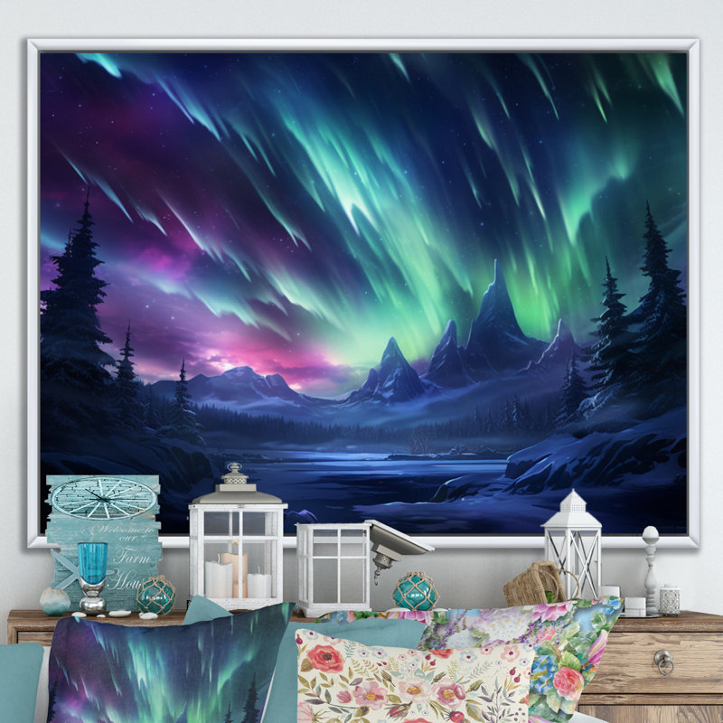 «Vibrant Northern Lights» sur toile, Cadre flottant blanc, H 34 po x l 44 po x P 1,5 po