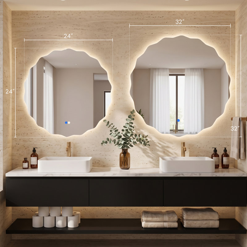 Miroir de salle de bain Scalloped Wavy Led Backlit, 24 x 24 po, Rond