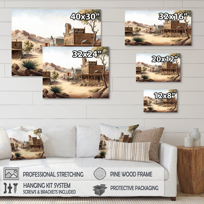 Wild West Town III - art mural occidental, H 16 po x l 32 po x P 1 po, Toile tendue
