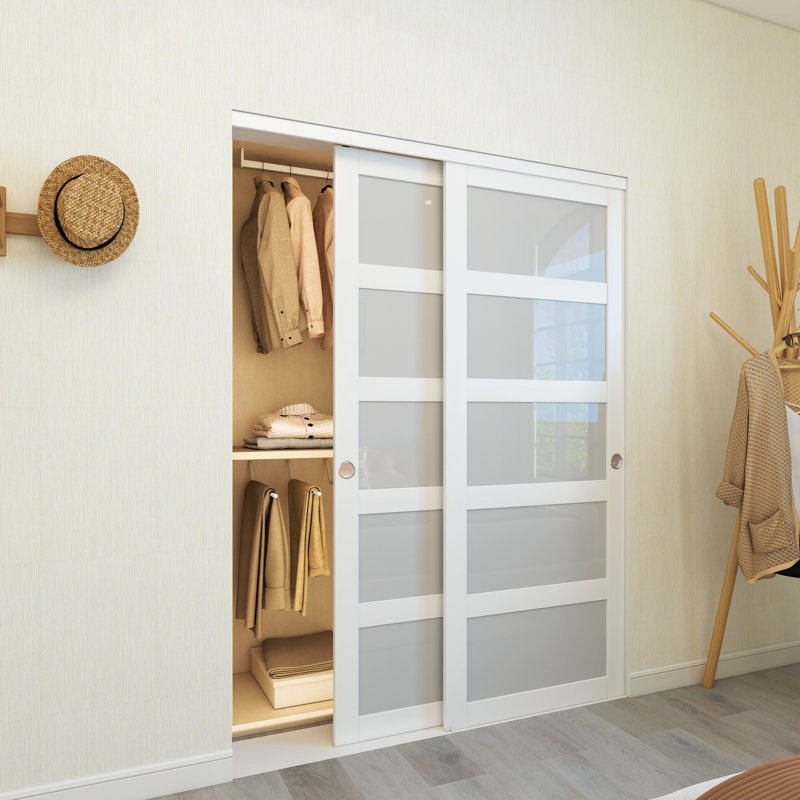 Portes de placard coulissantes 60 po x 80 po en verre peint blanc à 5 carreaux avec ensemble de quincaillerie, 60 po x 80 po