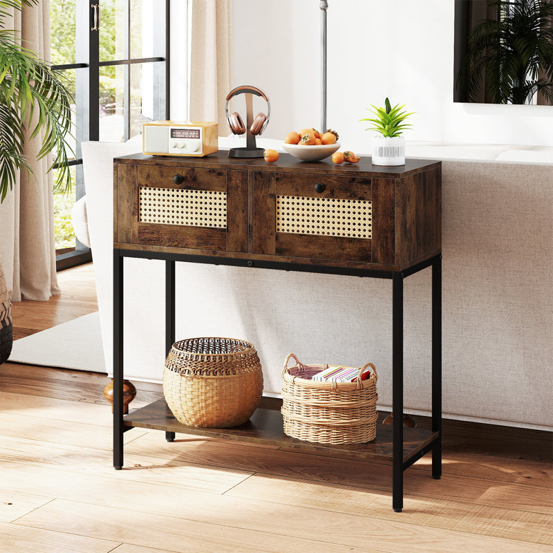 Console 32 po avec 2 tiroirs en rotin, tablette de rangement ouverte, cadre en métal robuste brun rustique, Brun