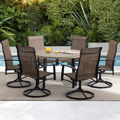 7-Piece Outdoor Dining Set For 6 – 47" Ivory Round Outdoor Table With Umbrella Hole & 6 Ivory Patio Swivel Chairs, All-Weather Patio Furniture