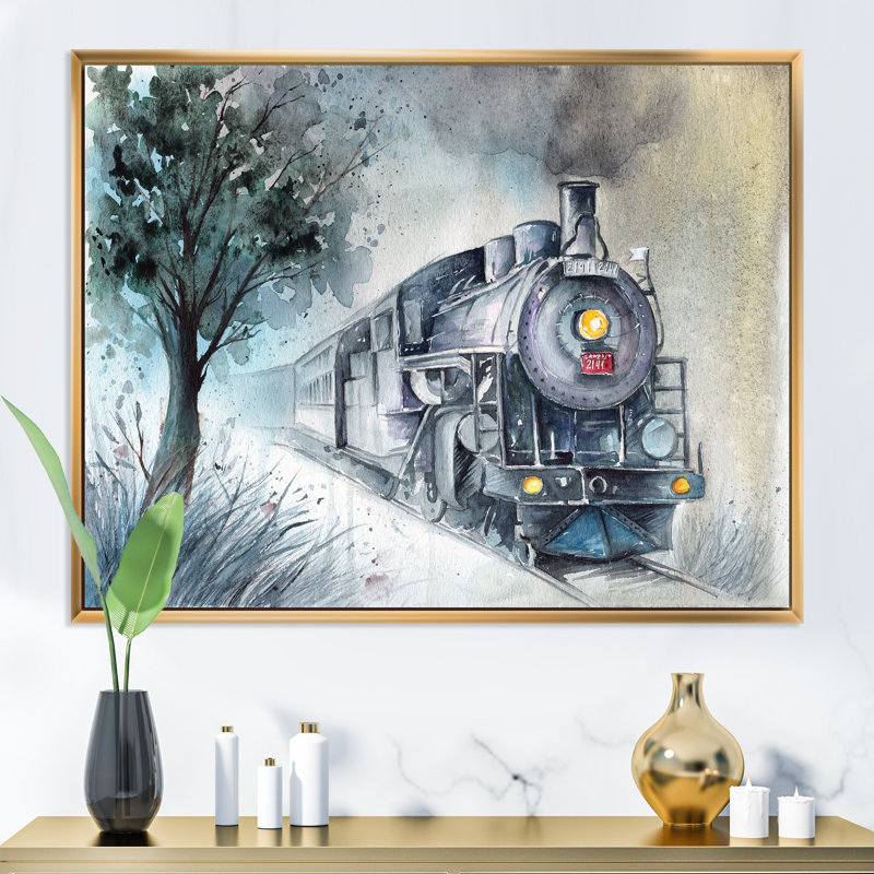 Une locomotive à vapeur en hiver - Peinture sur toile, H 30 po x l 40 po, Cadre flottant doré