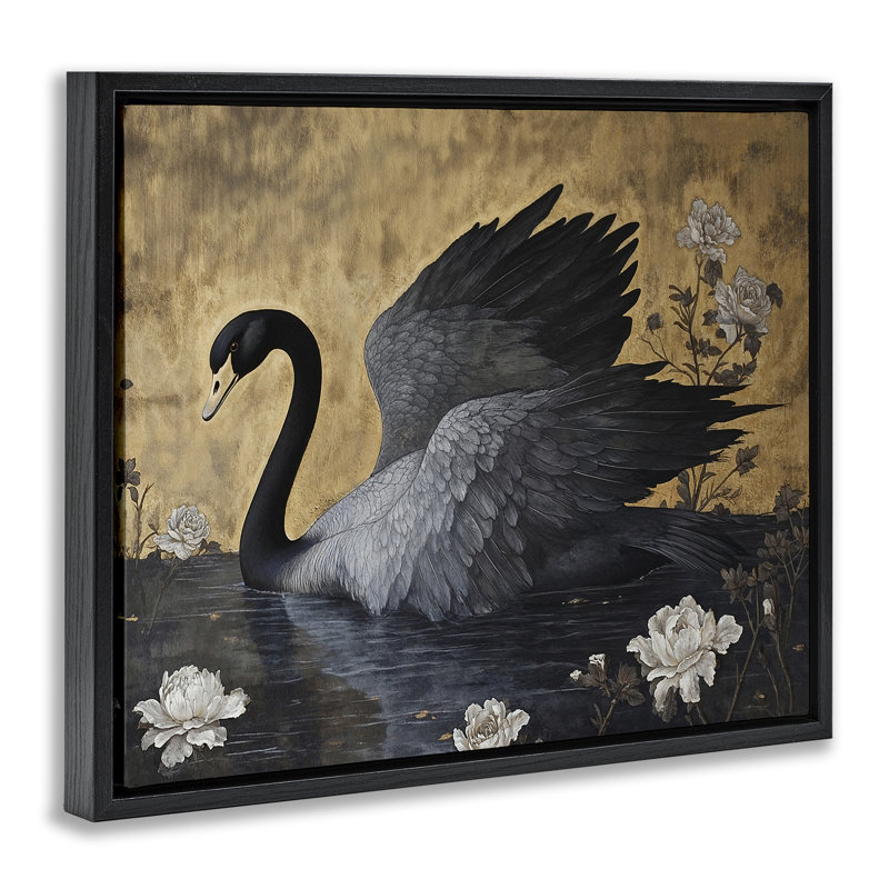 Cygne foncé sur un cadre flottant, conception de Jose Perez, H 17 po x l 21 po, Cadre flottant noir de jais