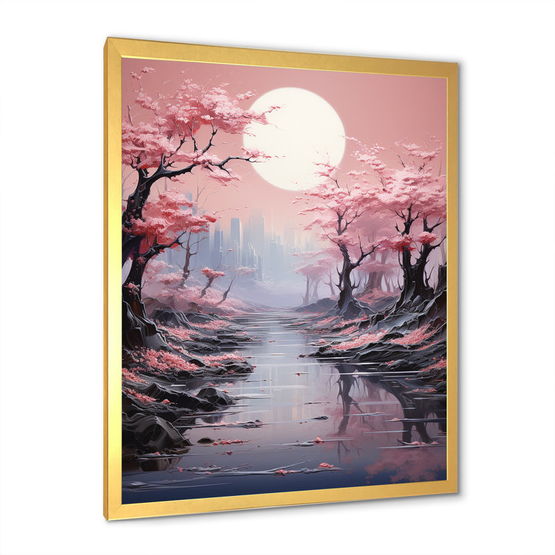 Paysage lunaire rose, Cadre photo doré simple, H 44 po x l 34 po x P 1,5 po